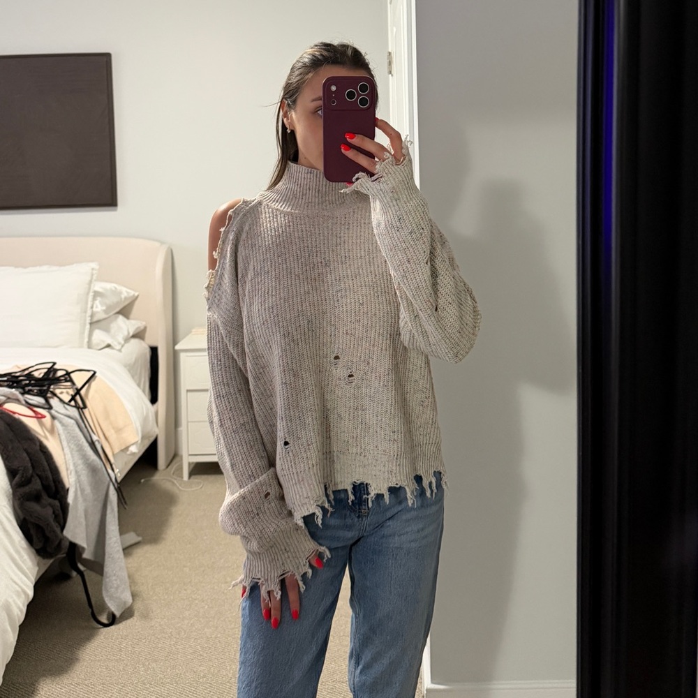 Distressed Cold-Shoulder Knit Sweater